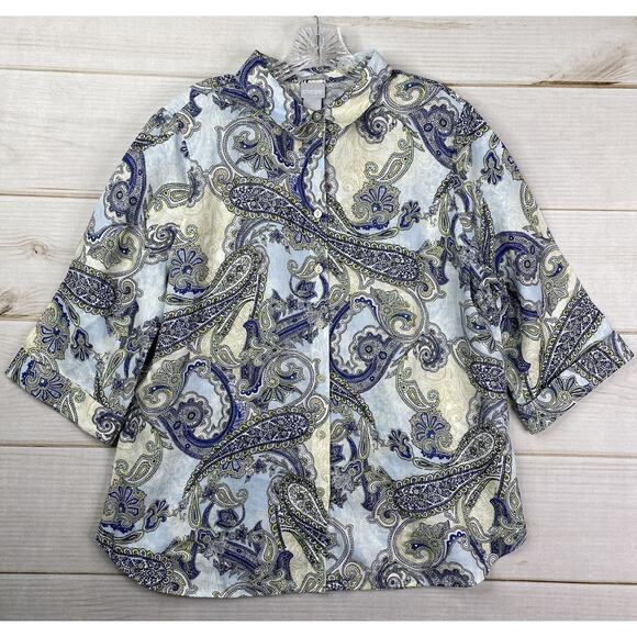 Chico's Top Sz 2 US L 12 100% Linen No Iron Blue Paisley Print Sleeve Button Up - Picture 1 of 10